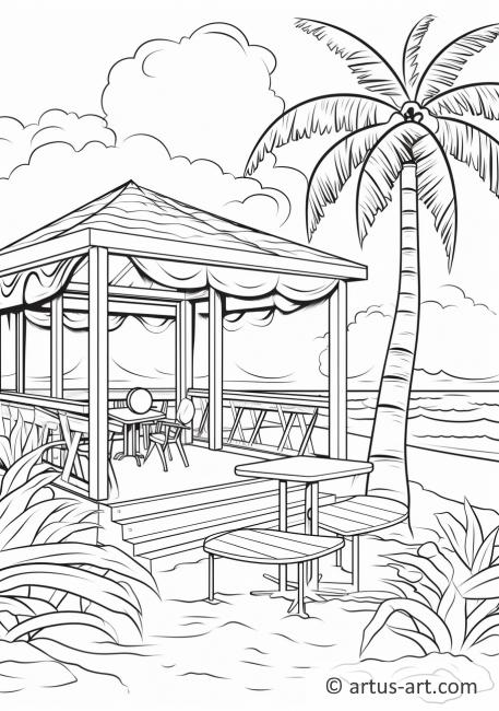 Pagina da colorare con atmosfera da caffetteria sulla spiaggia